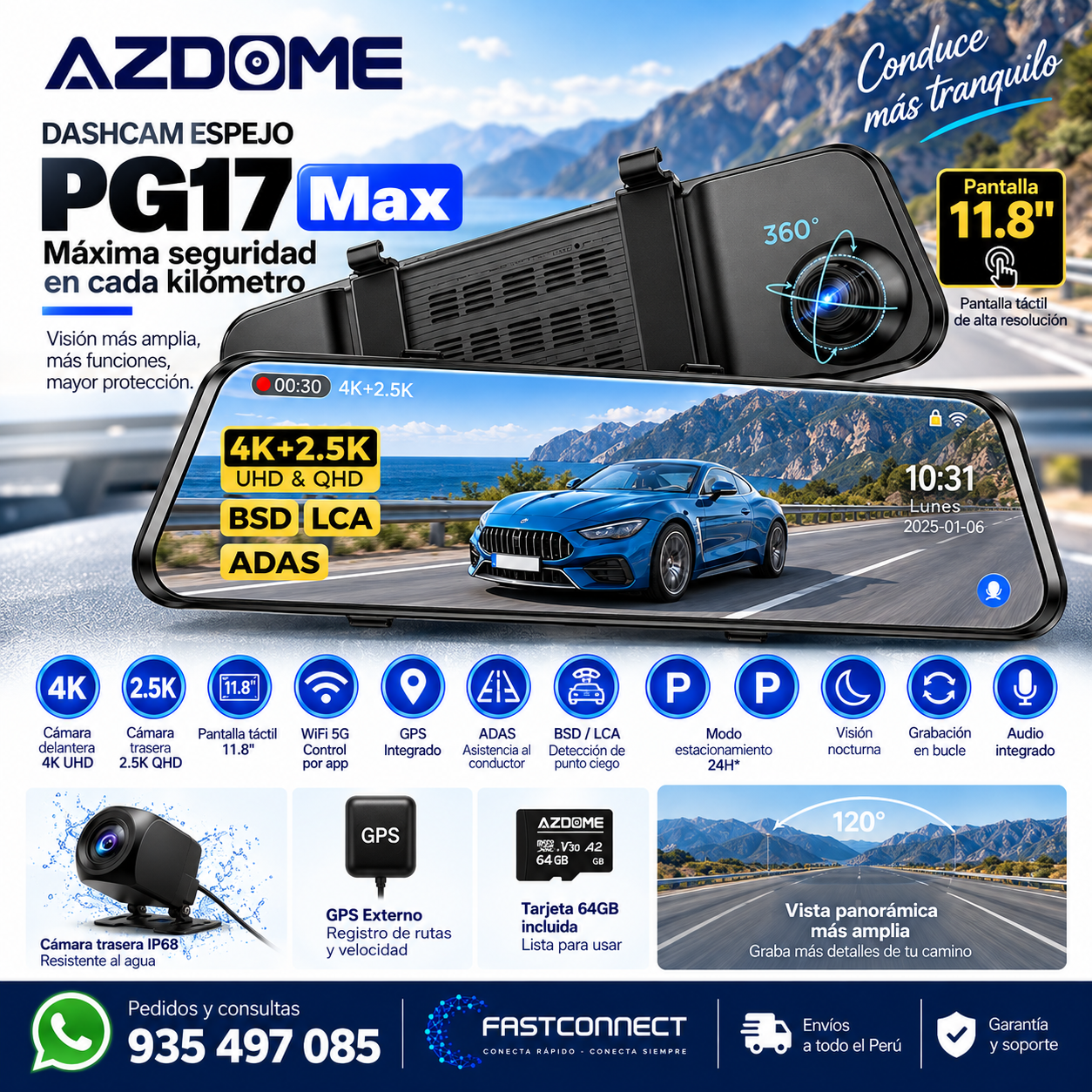 CAMARA PARA AUTOS DASHCAM AZDOME PG17 MAX ESPEJO 4K + 2.5K GPS + WiFi 5GHz + ADAS + BSD + LCA + 64GB - Imagen 6
